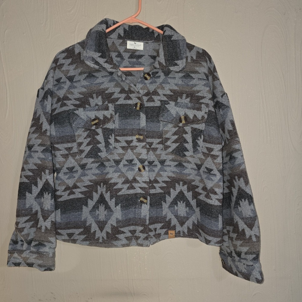 Simply Southern Aztec Button Jacket Gray Black Women's Long Sleeve LG